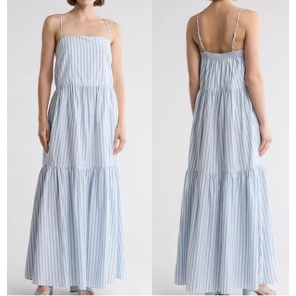 NWT Rag & Bone Leilah Poplin Maxi Dress Light Blue Striped Spaghetti Strap Large